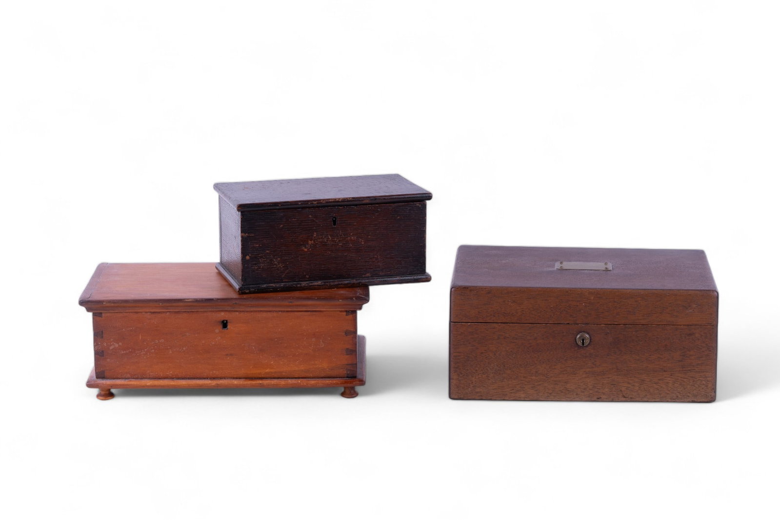 Antique Wooden Boxes (3): Includes 2 miniature blankets chests with compartments. One has dove tail joints and bun feet. Largest blanket box 12" W x 7.5 " D x 4.5" H. Also includes oak document box with brass plate on lid. All