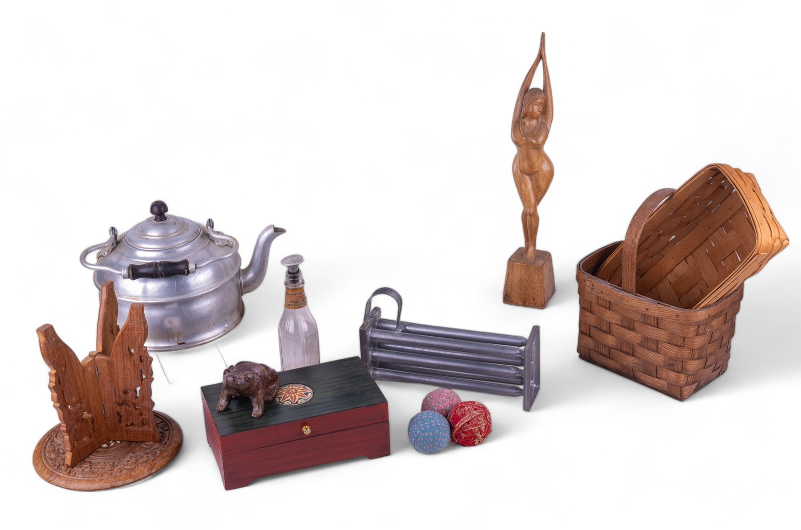 Antique and Vintage Household and Decorative: Includes antique medicine cabinet with mirror measuring approx. 21" W x 12.75" H x 3.75" D, Split oak basket (Vermont), Longaberger basket, aluminum Rome brand tea kettle, chest box with vintage match