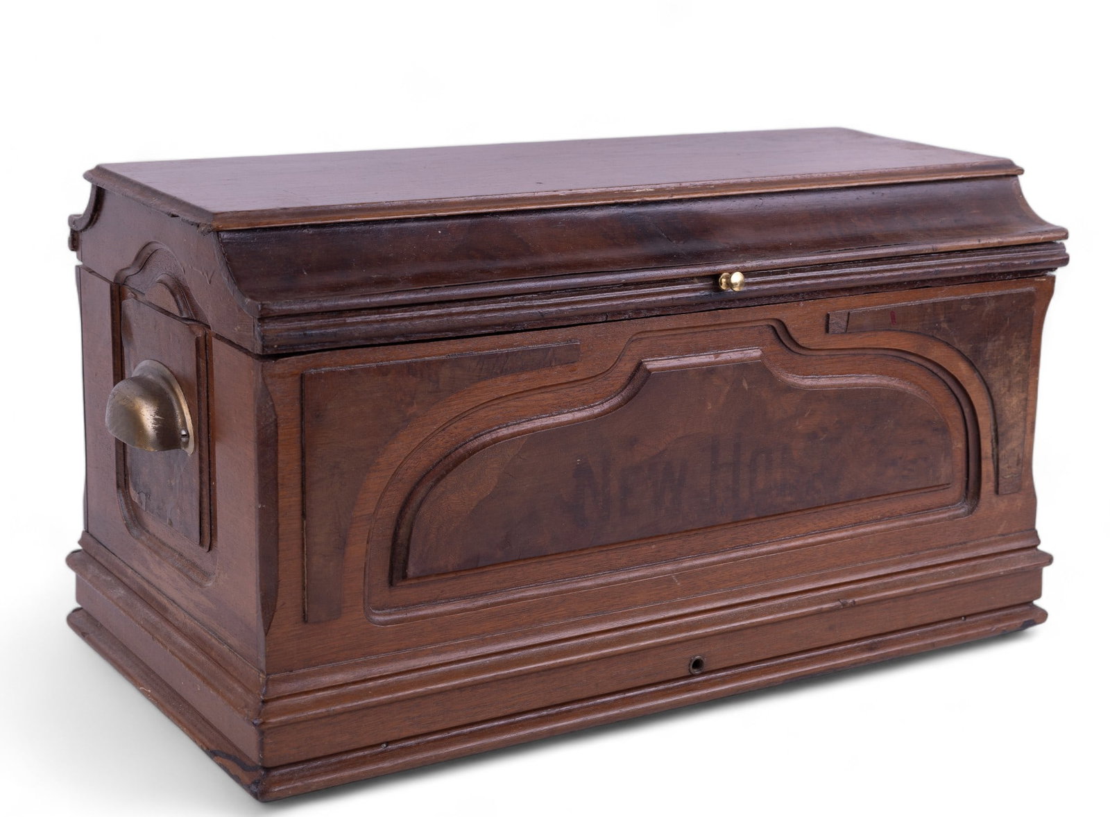 Antique Dowry Chest: Antique dowry chest with brass hardware measuring approx. 19" W x 10.5" T x 10.5" D. Chest has some loss and wear consistent with age, veneer and joint separation, and some mild discoloration includin