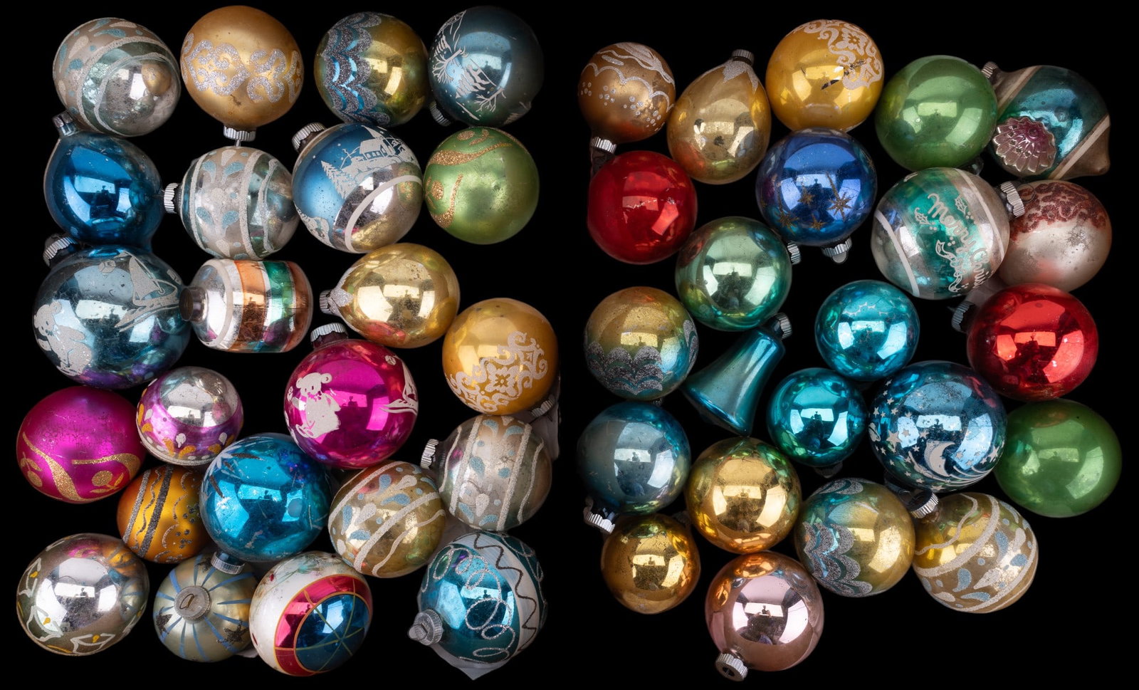 Vintage Xmas Ornaments (46): Assorted lot of Xmas ball ornaments with various solid color and mixed color designs - some with glitter and hand painted designs. Also included 1 concave design and 1 small bell shaped ornament. Some