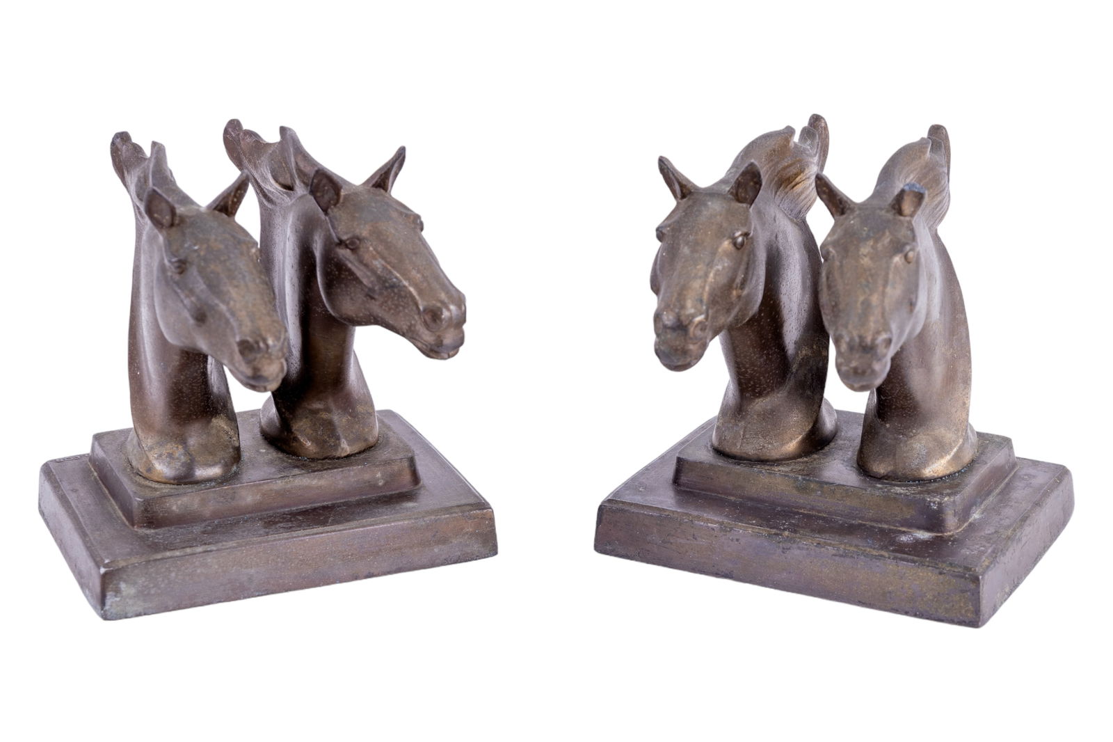 Frankart Art Deco Vintage Cast Bookends: Frankart signed cast horse bookends measuring approx 4 3/4" x 3 1/2". Loss to one of the ears.