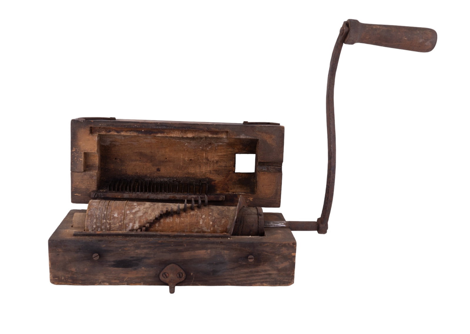 Antique Tobacco Grinder: Antique wooden tobacco grinder measuring approx 25.5" W x 16" D x 17" H with handle in upright position.