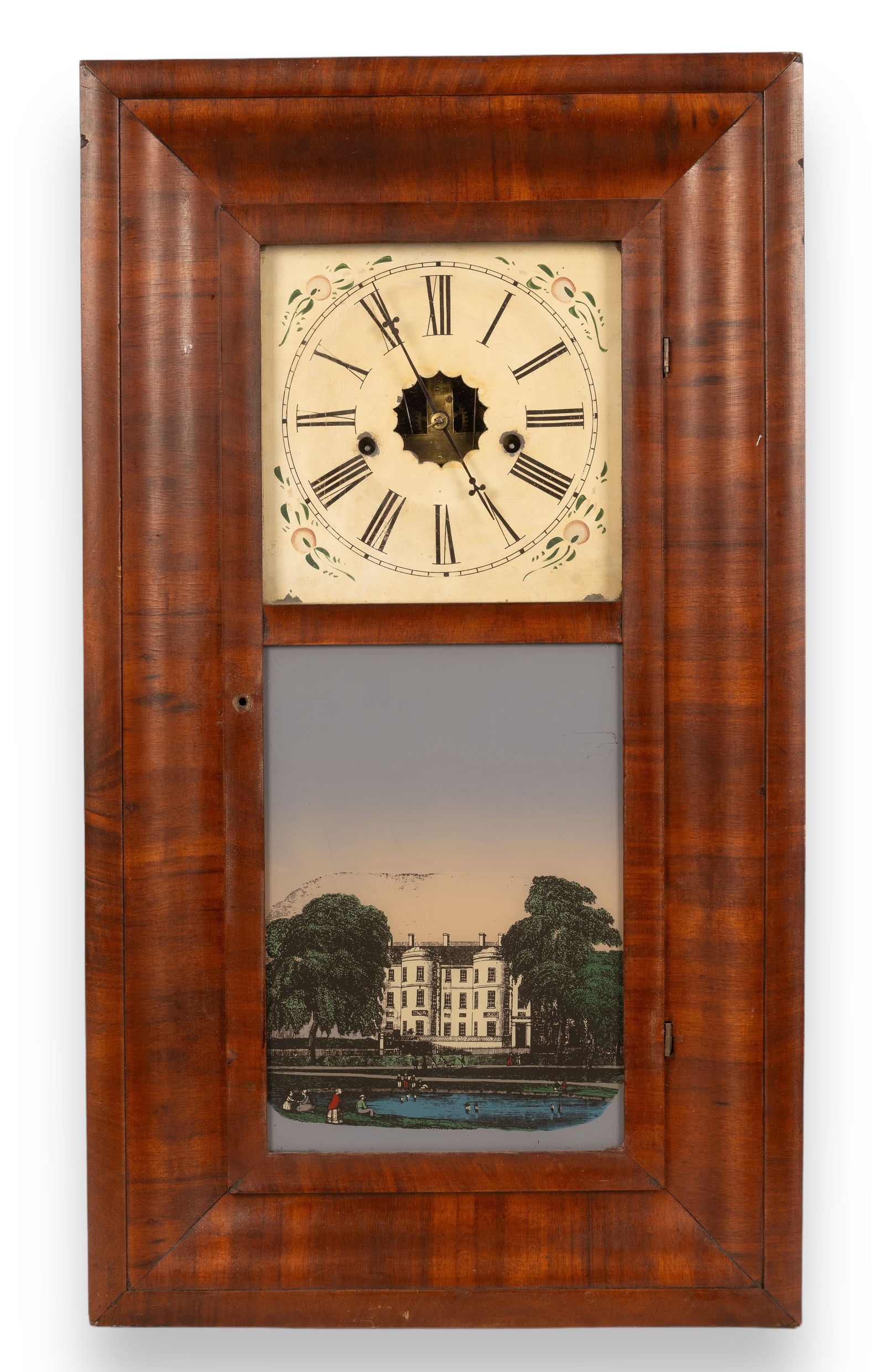 Antique Eight Day Clock By E.N. Welch: Antique Eight Day clock by E.N. Welch. Clock includes reverse glass painting in door of colonial mansion and veneer on the face of case. Weights and pendulum included and the knob is missing from the