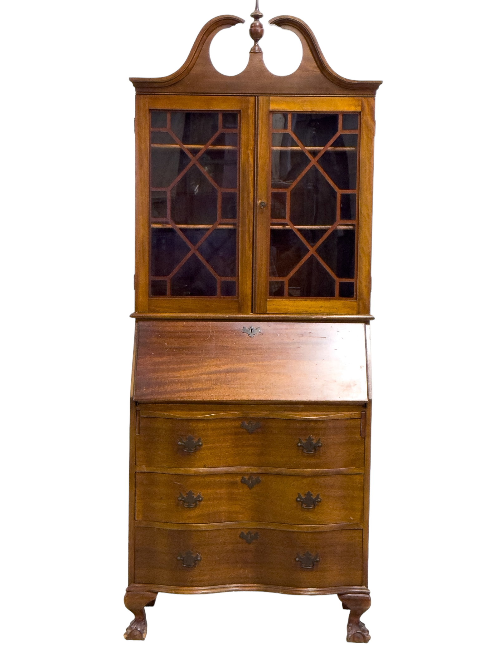 One-Piece Chippendale Style Secretary Desk: A one piece Chippendale style secretary desk with claw feet. Windows intact, and a single finial adorns the top. Measures approx. 80? high, 29.5? wide, and 15? deep.
