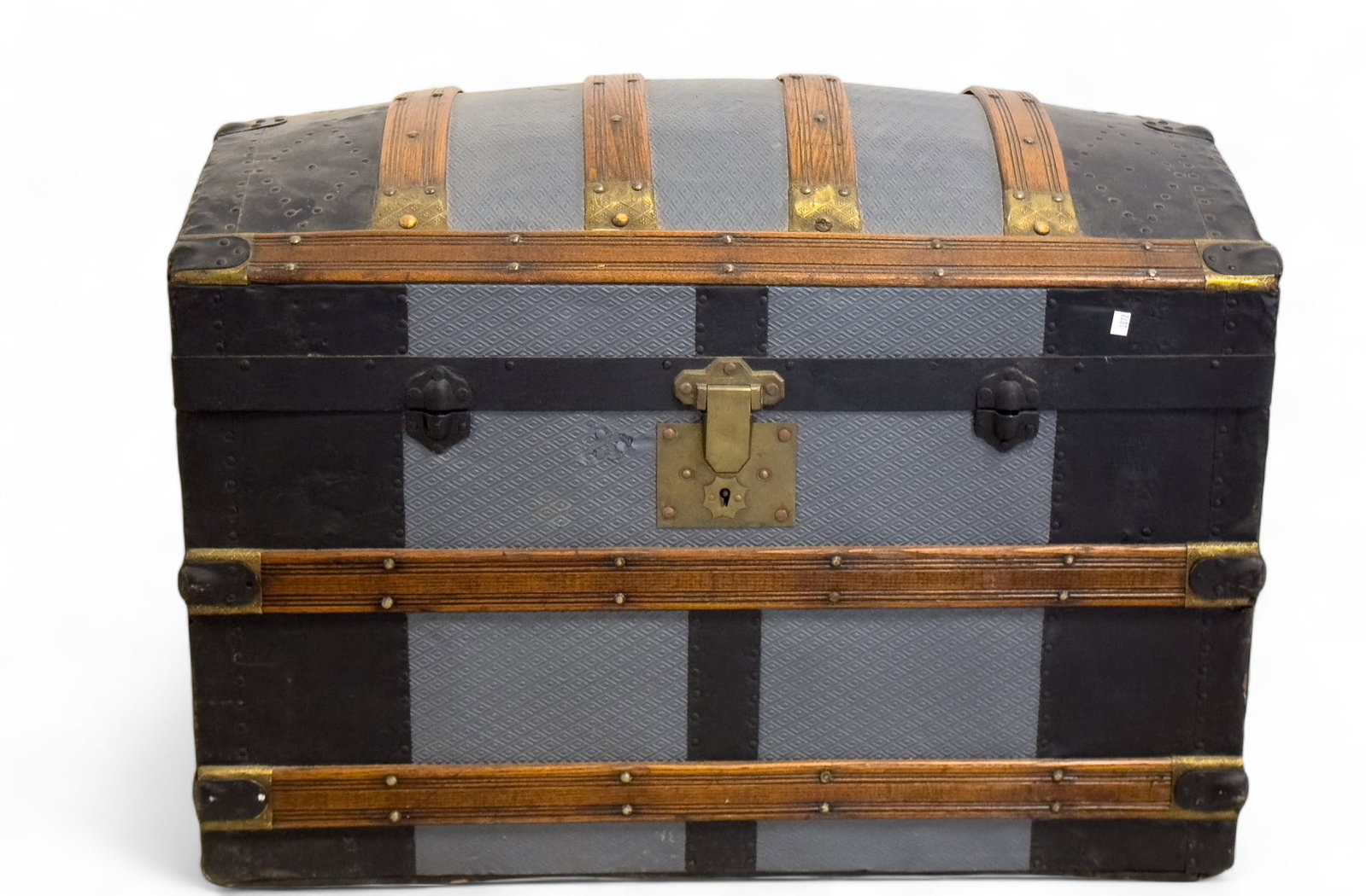 Blue Dome Top Trunk w/ Interior Pouch, Decoration: 19th C wood chest / trunk with wood and black metal brackets, both leather handles appear in good condition. Painted blue. Cloth lined with interior decoration and leather tooled pouch.