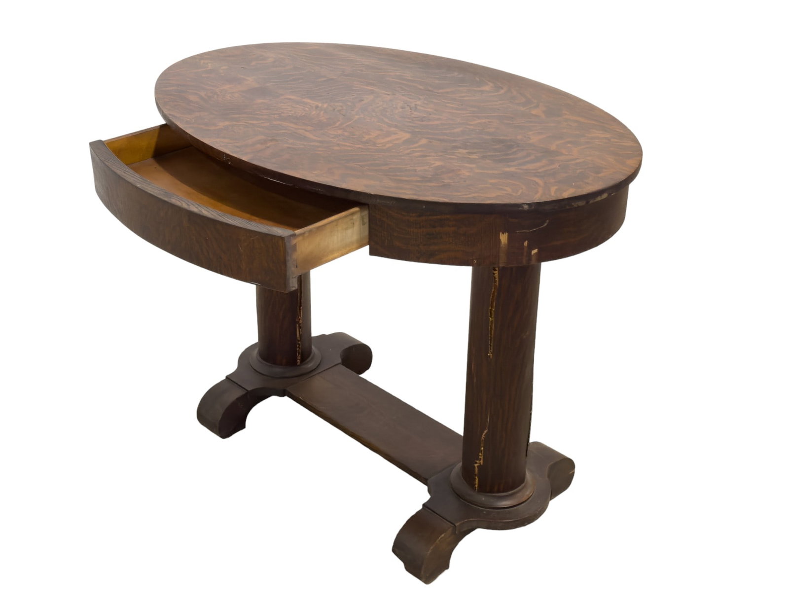 Antique Oak Oval Table w/ Drawer: Some splitting to veneer in the columns 29.25 x 38.25 x 26.5