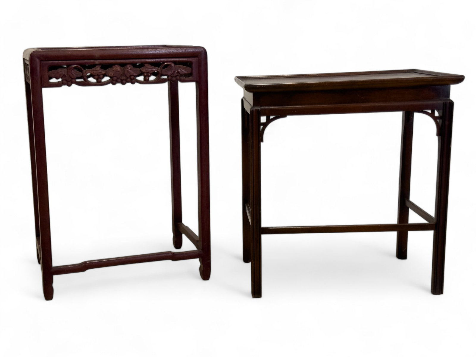 Asian Carved Side Tables (2): Larger table is exotic hardwood carved with mortise and tendon construction. Approx 28" H x 19" W x 14" D. Decorated on all 4 sides, key hole access. Smaller is Asian style with faux leather top.