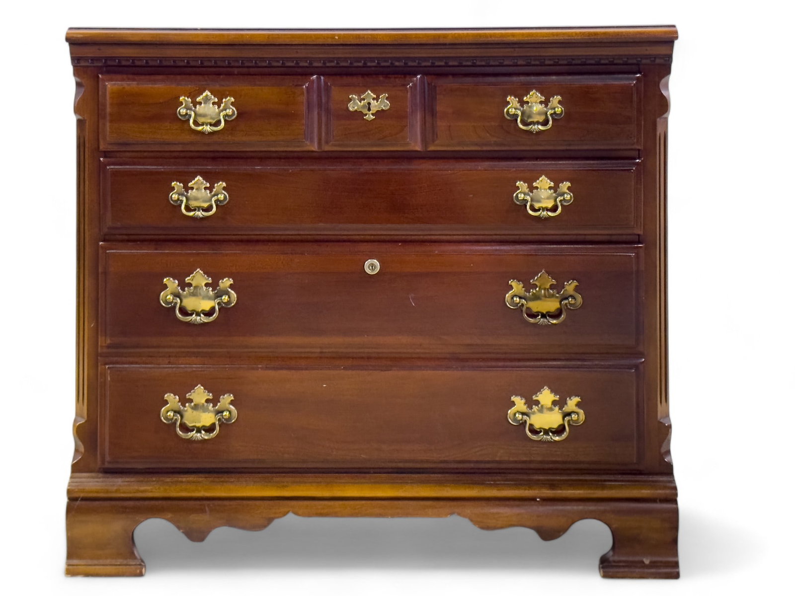 Chippendale Style Chest of Drawers File Cabinet: Lexington Furniture Co, Chippendale style, mahogany finish, approx 30" H x 33" W x 18" D. Looks like multiple drawers but only 2 drawers, lower drawer is a file cabinet. Heavy.