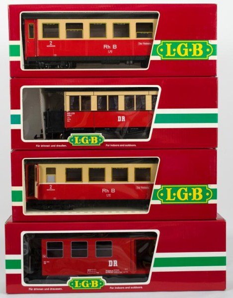 Four LGB Coaches, LGB 3064 (x2), LGB 31610 and LGB: LGB 3064 Rh B coaches (x2), LGB 31610 passenger car, LGB 31710 DR Passenger car / Baggage car