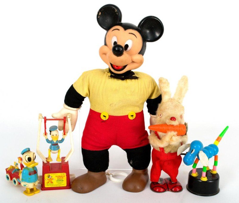 Disney Toys & Other Vintage toys: Disney toys including "Disney Toy", Donald Duck tricky trapeze by Kohner, Donald Duck pull toy, 1972 Walt Disney-Horsman Mickey Mouse Talking Doll with Pull String (not working), Japanese wind up Lith