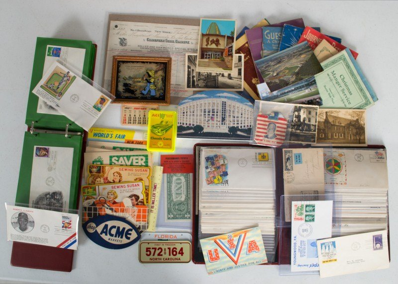 Early Advertising Ephemera and First Day Covers: Early advertising ephemera and first day covers, including an Acme sewing kit, Groths' Fuel Service York Pa, Sewing Susan sewing Kit (x2), 1942 Calendar "Fisher Boy" with dog, I like ice cigarettes pa