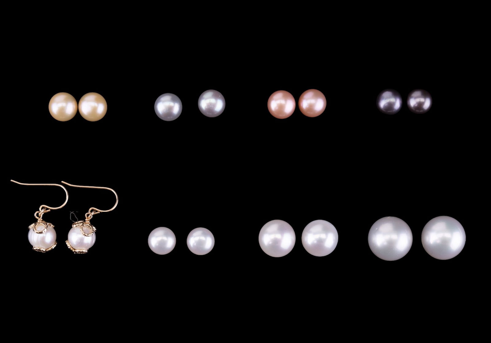 Pearl Earrings (Eight Pairs): Eight Pairs of Pearl Earrings, (7) post/studs and (1) pair hanging marked 14k; one pair in black box has 14K post.