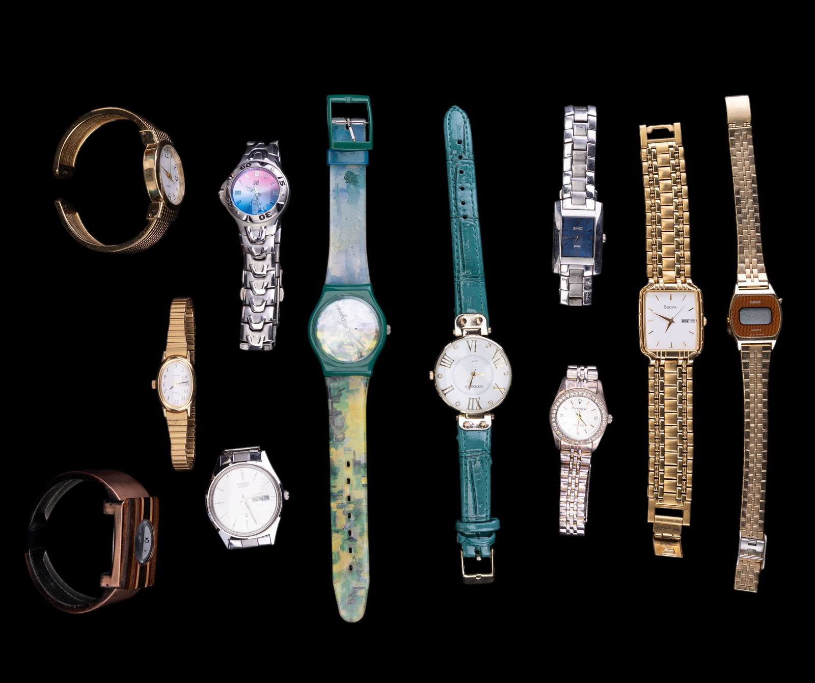 Eleven Vintage Watches: Eleven Vintage Watches, including Citizen water resistant quartz, Bulova 1997 day/date water resistant, Concepts, Phila Museum of Art, Relic, and many more. In as found condition.