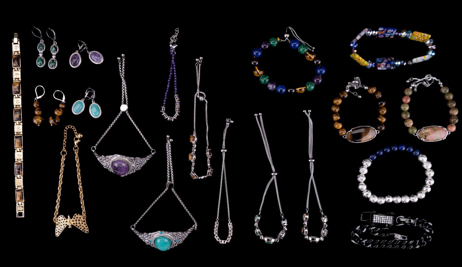 Semi-Precious Stone & Art Glass Bracelets: Semi-Precious Stone & Art Glass Bracelets. Fifteen (15) bracelets with 4 pair of earrings. Materials include jade, amethyst, malachite, tiger eye, lapis, unakite, art glass, and more.