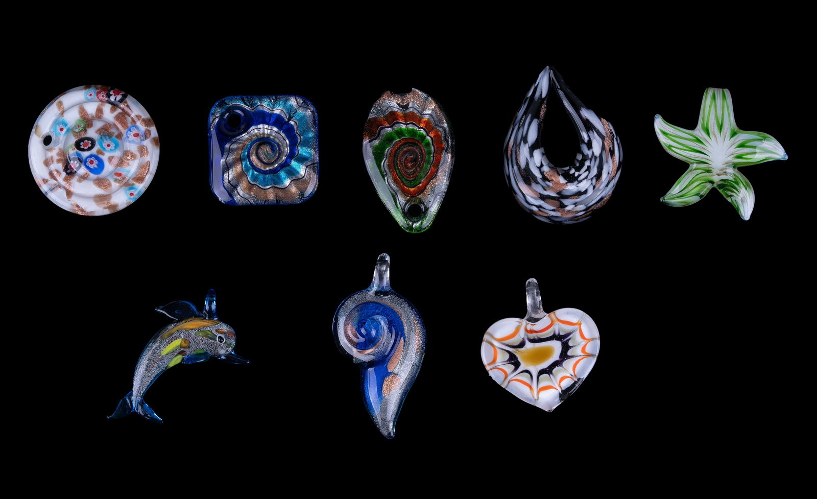 Vintage Art Glass Pendants (8): 8 various art glass artisan pendants including dolphins, heart, and other designs with leather cord adjustable necklaces.