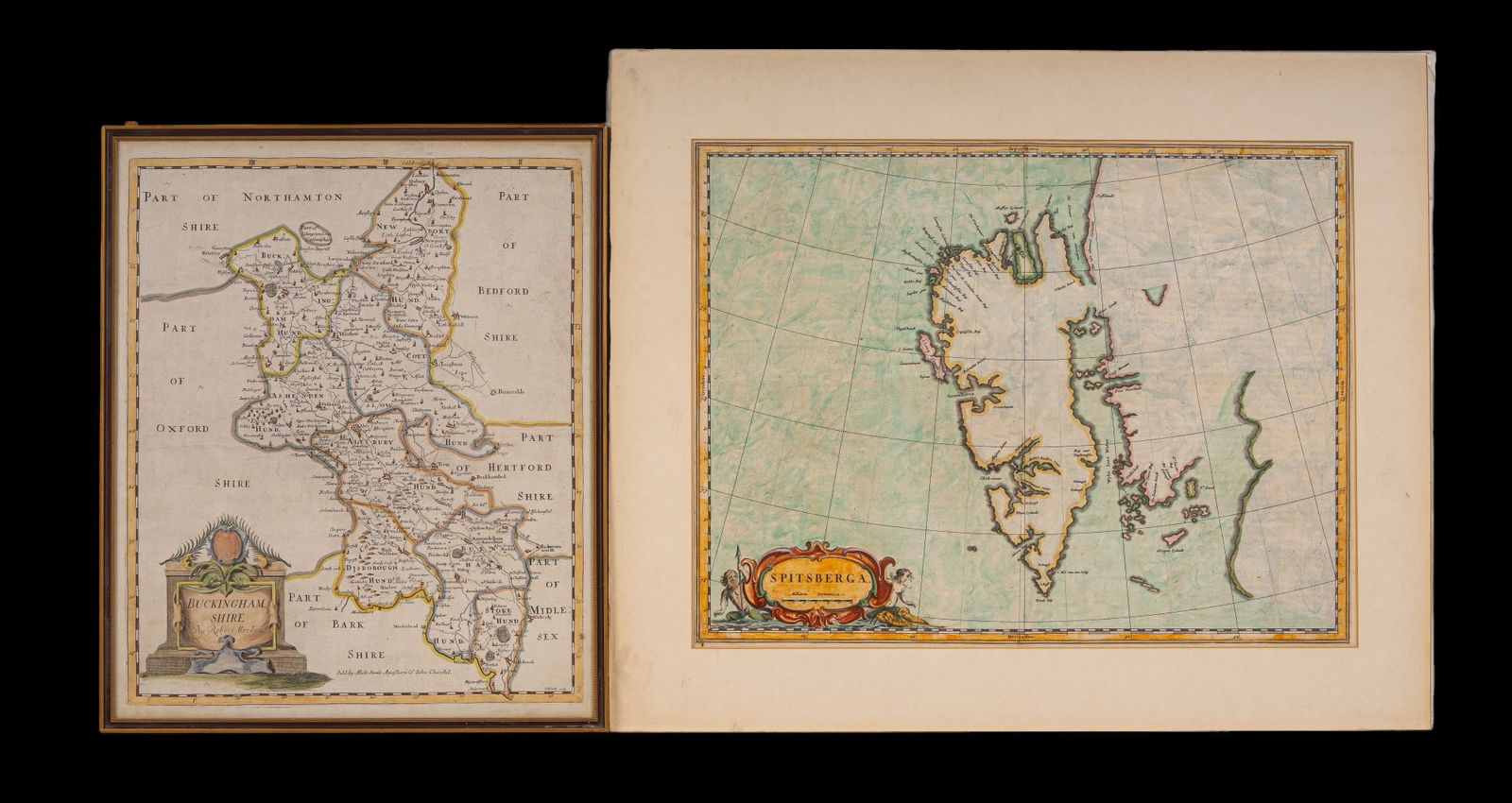 Two Antique Maps of Buckingham Shire & Spitsbergen: Two antique maps, larger of which is on laid linen paper, and depicts Spitsbergen island in Norway. Measures approx. 12.25" x 61". Smaller map is of Buckingham Shire by Robert Morden.