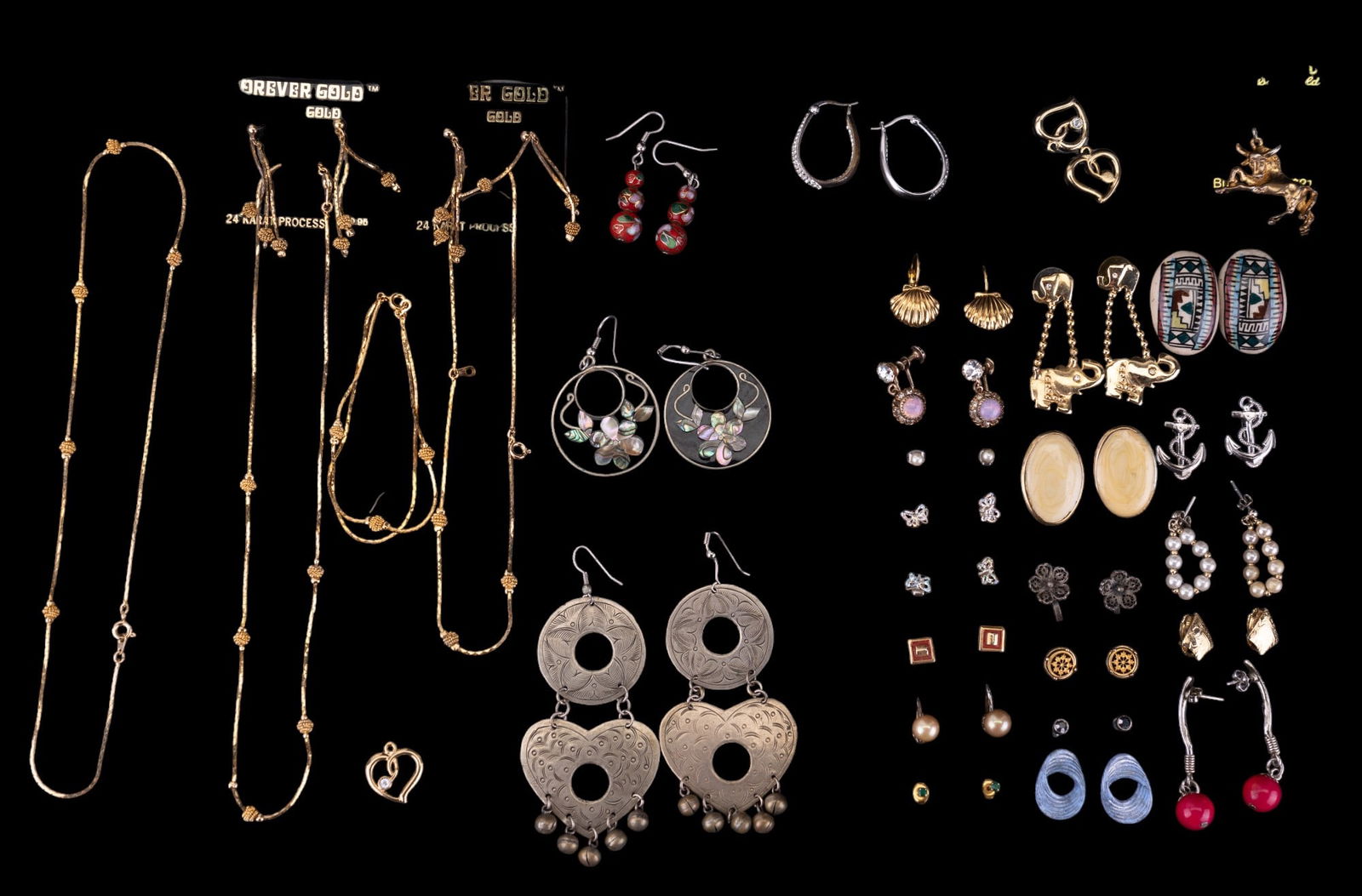 Costume Jewelry Earrings: Cloisonne type, screwbacks, some new on original hang cards, green stone stud earrings, opals, electroplated gold.