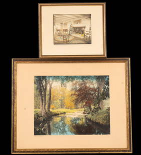 Wallace Nutting Hand Colored Prints (2): 2 framed, artist signed and titled, hand colored prints by Wallace Nutting including "Enticing Water" copyright 1916 with visible art measuring approx. 19" W x 15" H in vintage frame approx. 30.25" W