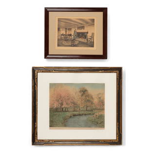 Antique Framed Wallace Nutting Prints (2): Antique Framed Wallace Nutting prints, "The Maple Sugar Closet" 1909 ( 22.5" X 18.5") and "Blossoms at the Bend" (30.5" X 26.5").