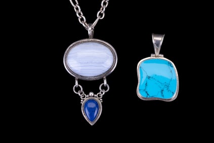 Sterling Agate Lapis Necklace, Sterling Pendant