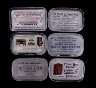 Antique Advertising Glass Paperweights (6)