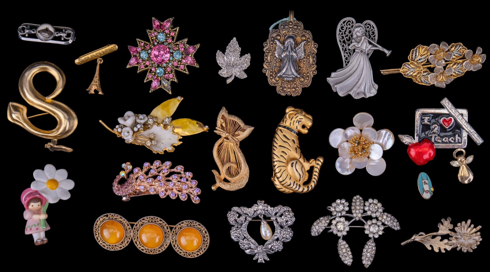Monet Cat Pin, JJ, Cappy & Other Pins/Brooches: Monet goldtone cat pin, JJ silvertone pin of angel playing horn, Cappy Pin goldtone frame with silverstone angel. Other pins include some animal themed along with some floral, and various others as se