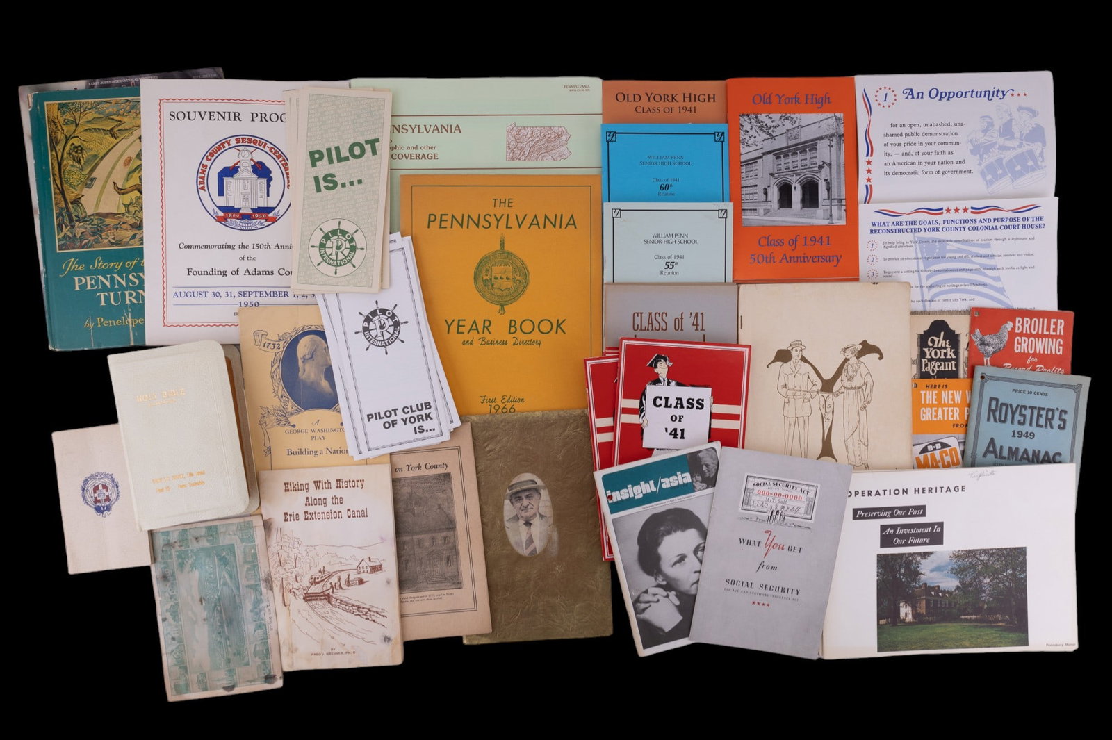 York PA & York High Early Ephemera: Antique & Vintage York & York High Ephemera includes 1914 York High Year Book, 1927 York Pageant, York High Class of 1941 booklets, York Catechism booklet, Bernie Elsesser, Holy Bible, and much more; 