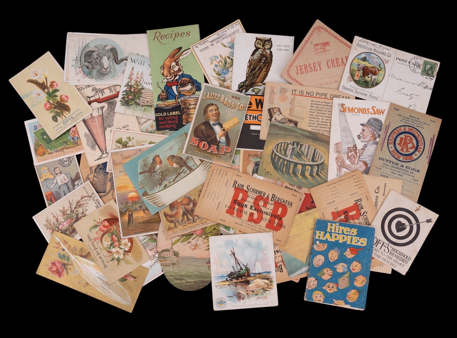 Victorian Trade Cards Depicting Animals & Products: Assortment of 44 total trade cards including 18 with flora and fauna themes and 26 of products and ads. Some pieces have creases, worn corners, and other wear consistent with age.