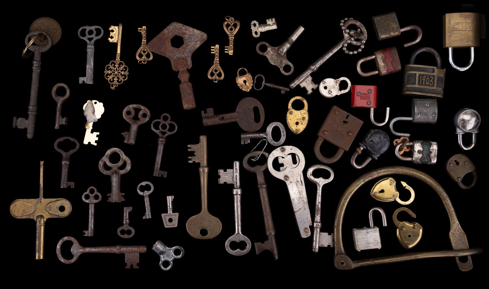 Antique/Vintage Keys & Locks: 50+ antique and vintage keys + locks. one locks have dates & brand names , keys include many antiques.
