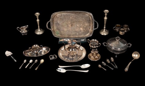 Silver Plate Grouping, Pewter Candlesticks, More