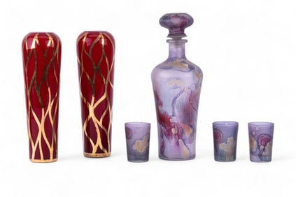 Art Glass Decanter + Shotglasses, Flower Vases