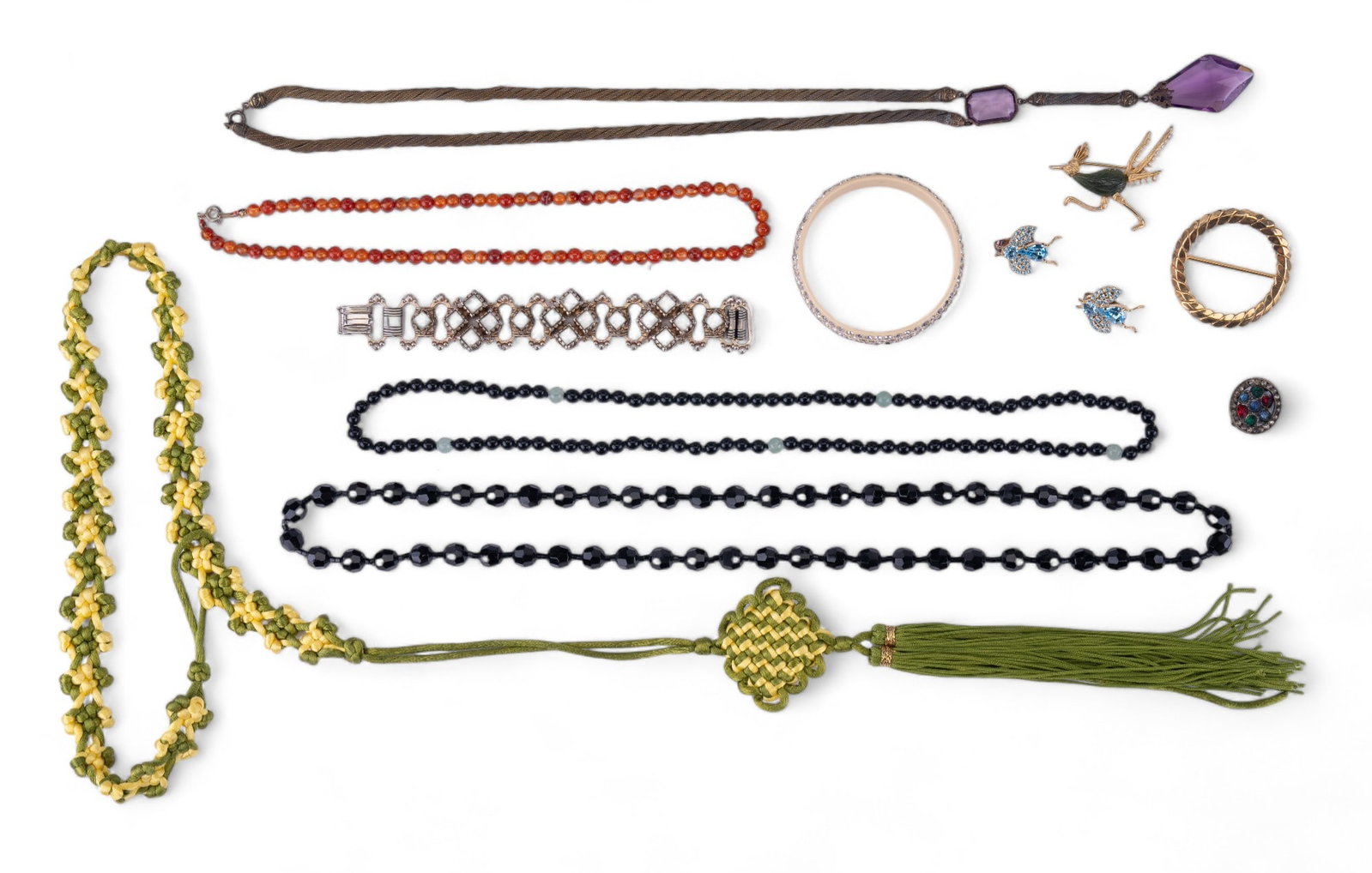Art Deco Necklace & Vintage Estate Jewelry: A vintage Art Deco c. 1930-40s purple design necklace, carnelian, jet, and jade hue necklaces, early celluloid bracelet, inset earrings and more.