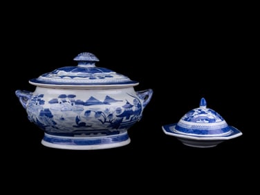 Blue+White Canton Style Soup Tureen & Butter Dish