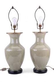Pair of Large Celadon Glazed Vase Lamps