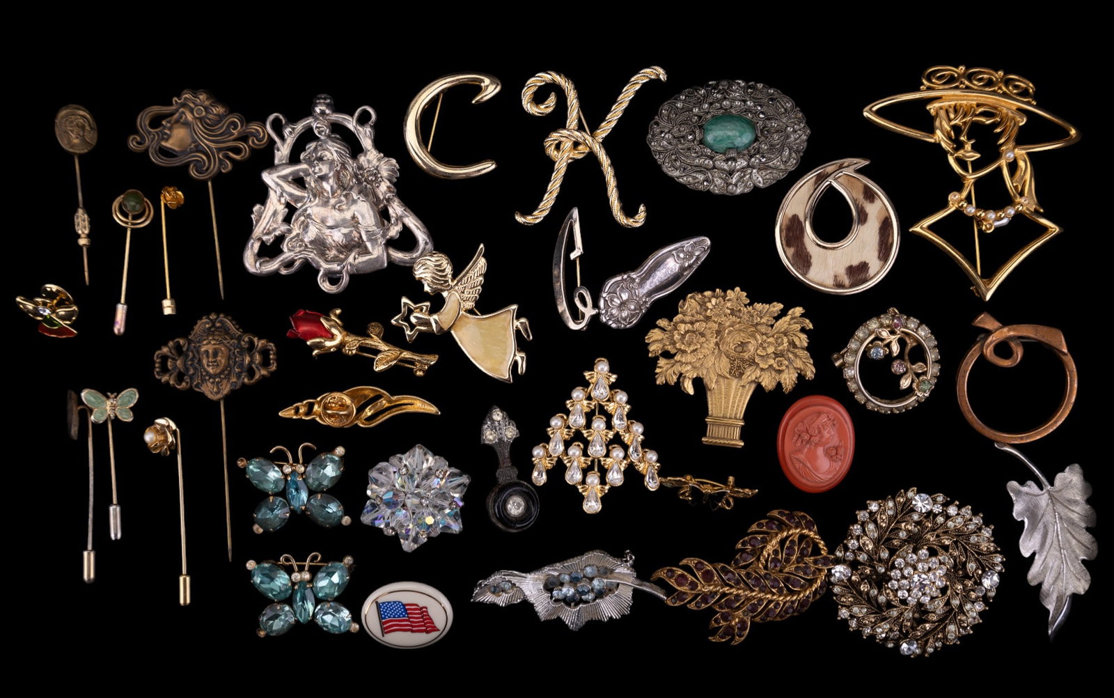 Rhinestone Brooches & Stick Pins (35 Total): Lot includes 8 stick pins (several with lady figures) and many brooches including Renoir, Monet, Florenza (gold laurel and brown rhinestones missing two rhinestones), Lenox, NR, Art Nouveau silver ton