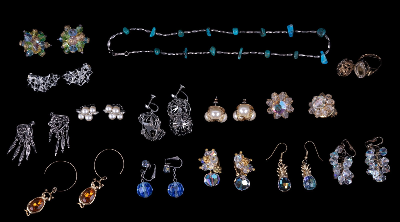 Trifari, Turquoise, Bucherer, and Vintage Jewelry: Highlights include Native American sterling silver unmarked turquoise chunk necklace, Trifari cat earrings with topaz gold hue belly, Bucherer watch ring, earrings, and more.