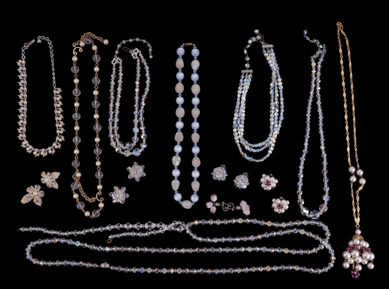 Crystal and Vintage Estate Jewelry: Sampling includes large variety of crystal, pink rhinestone, and plastic necklaces and earrings.