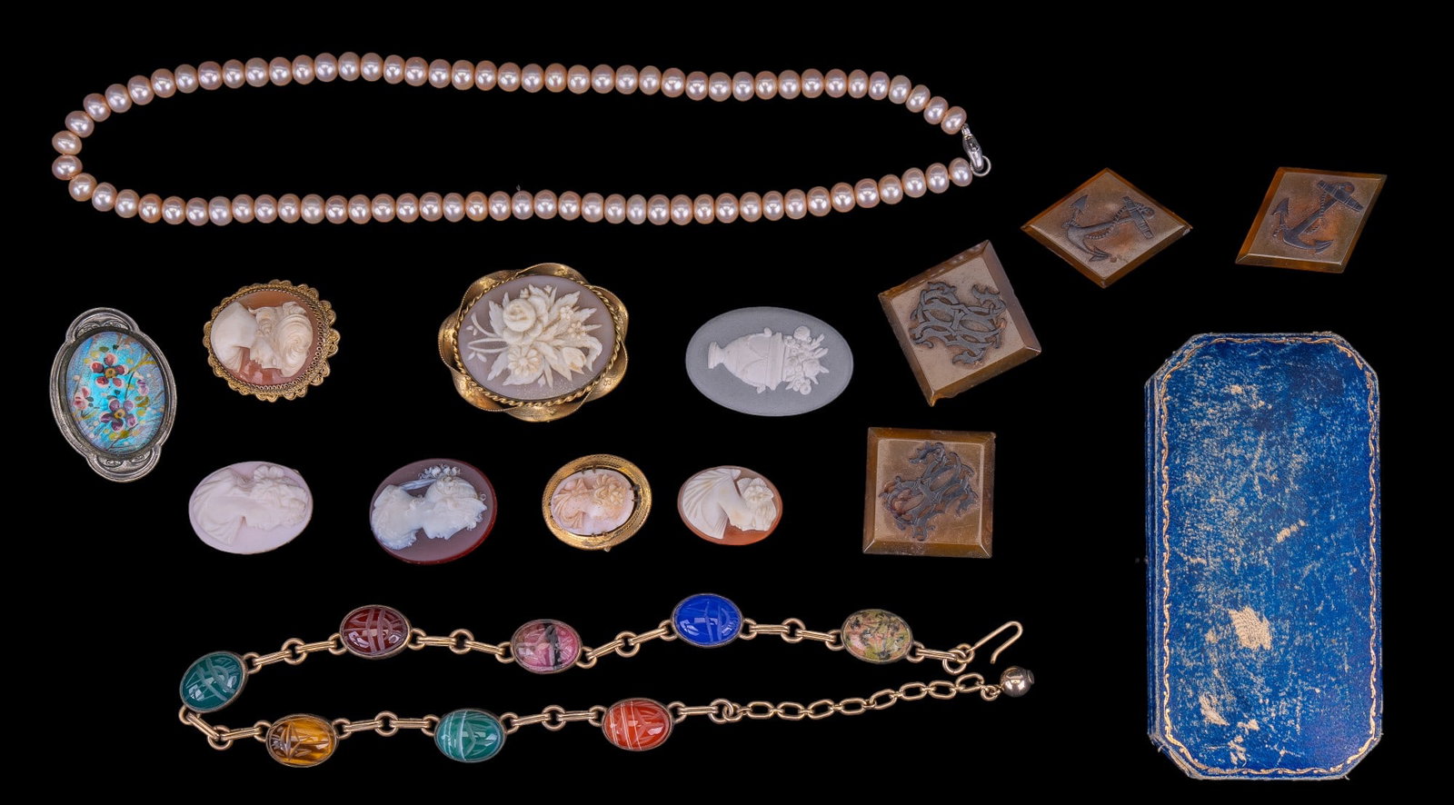 Rare Estate Jewelry Collection: Highlights include carved cufflinks with early anchor and monogram design, gold fill floral and lady cameo brooches, multi-hue scarab gold fill necklace, vintage box and stick pins, pearl sterling cla