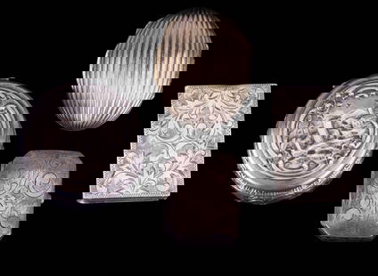 Sterling Silver Tiffany & Co. Pill Box, 3 Others: The oval fluted shell pill box is approx 1 7/8" L x 1.5" W and marked "Tiffany & Co. Made in Italy Sterling 925" on the inside rim, the smallest with scroll engraving is marked ".925", the book shape