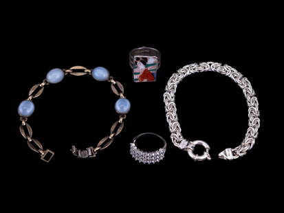 Chinese Style Ring, Sterling Silver Jewelry (4): A sterling silver ring with Chinese style art of young girl marked "the Dreamer", gold filled sterling silver bracelet, another sterling ring with accents, and a sterling silver Italian marked chain.
