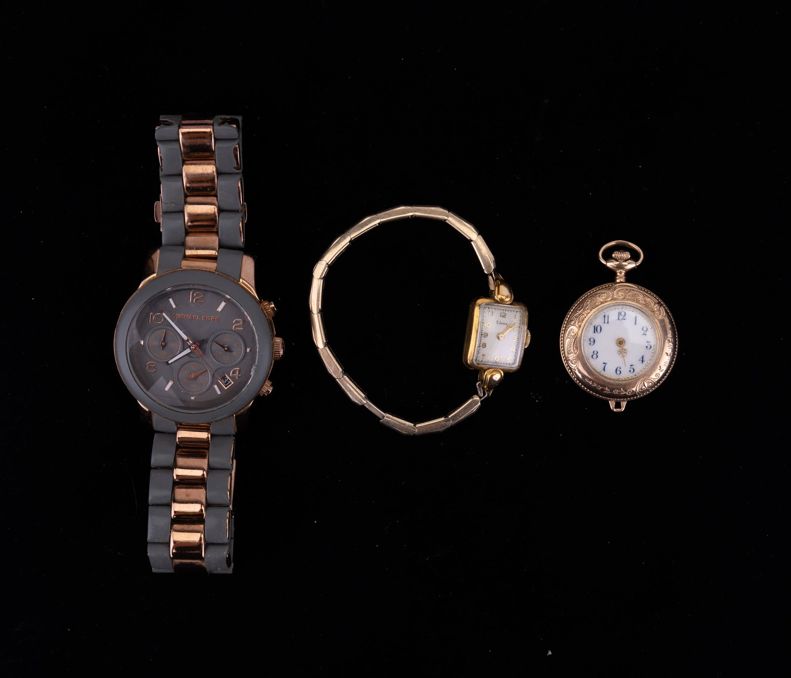 Designer and Vintage Watches: Designer Michael Kors, Silena, and Victorian gold fill pocket watch in "as found" condition.