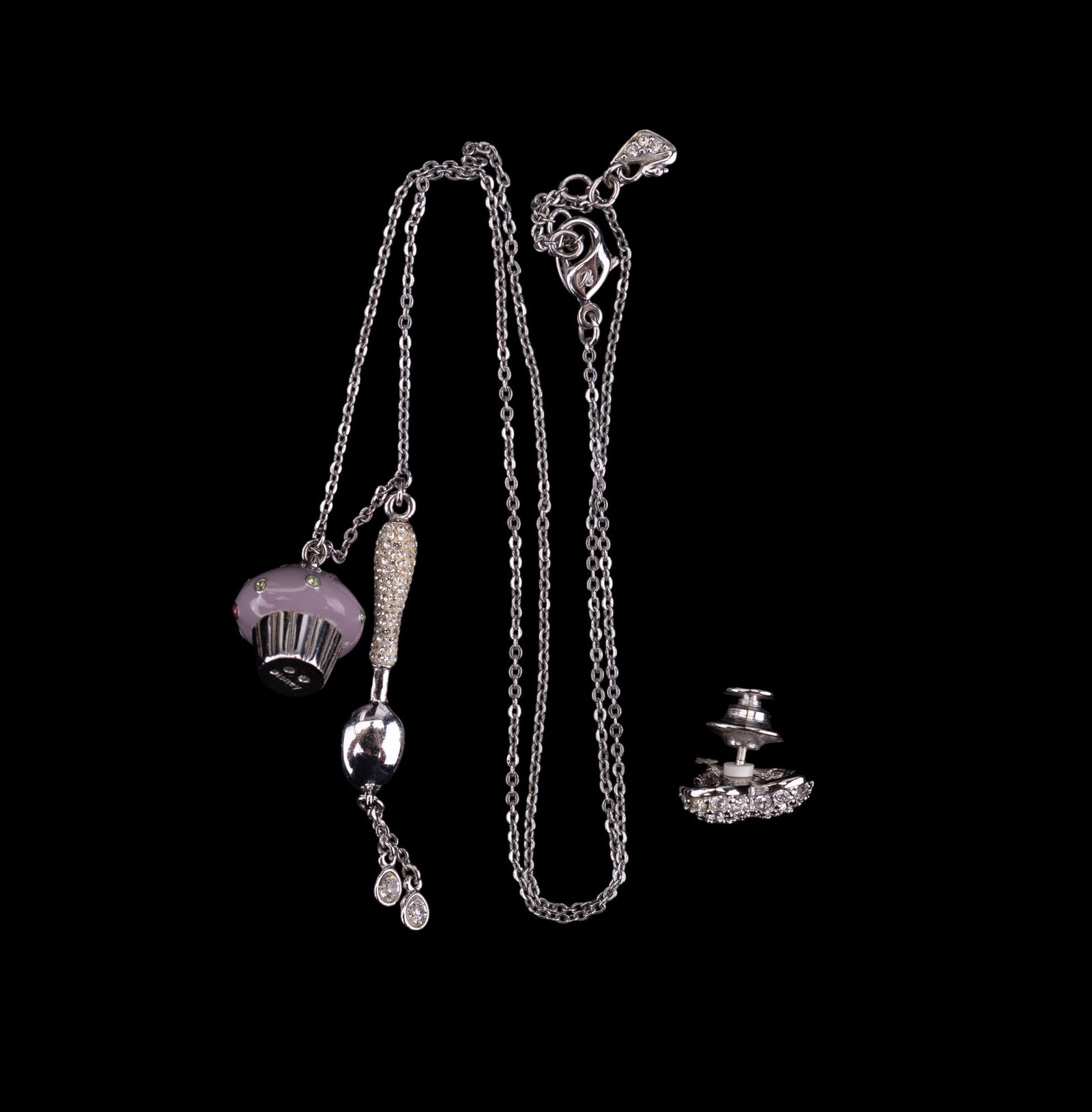 Swarovski Designer Jewelry: Swarovski signed crystal encrusted spoon and cupcake necklace and heart lapel pin.