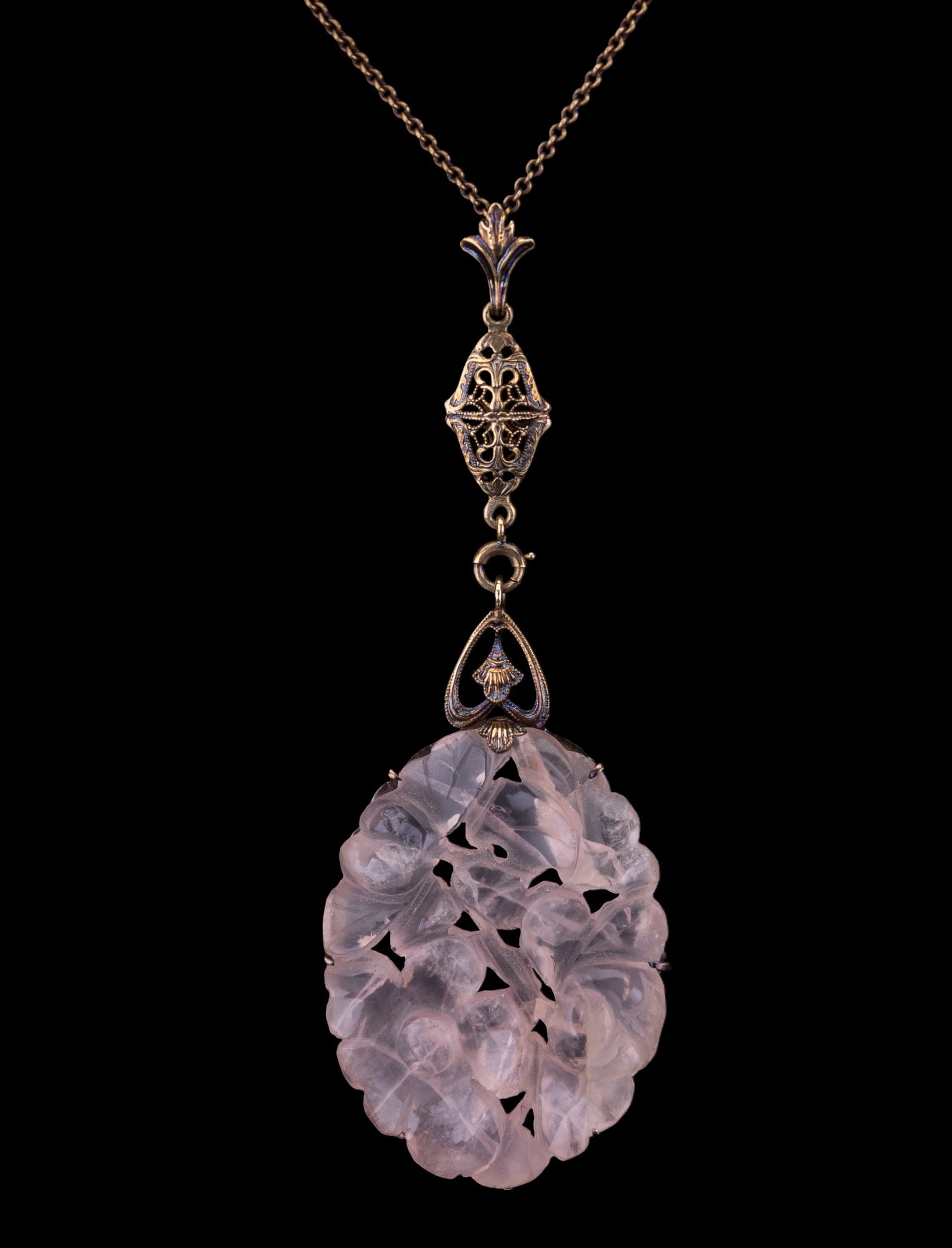 14K Gold Antique Rose Quartz Carved Necklace (1 of 5)