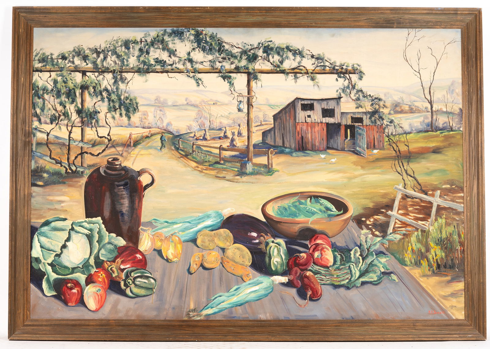Large Panoramic Farm Scene by Richard D. Schultz: Large oil panoramic pastoral farm scene with vegetables, figure, chickens, and rolling farmland signed "R.D. Schultz" on canvas measuring approx. 62" W x 42" H in complimenting wood frame approx. 67.5