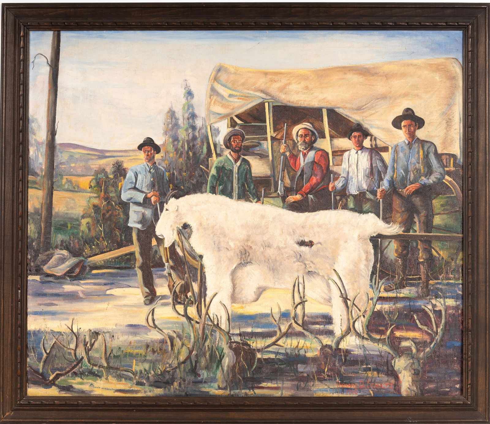 "Uncle Ben" by R.D. Schultz (AM 1915-2007): Large oil on canvas by Richard Schultz titled "Uncle Ben" of hunters with a goat and wagon in the background signed "Richard D. Schultz 1948". Canvas has minor wear and measures approx. 38" W x 32" H
