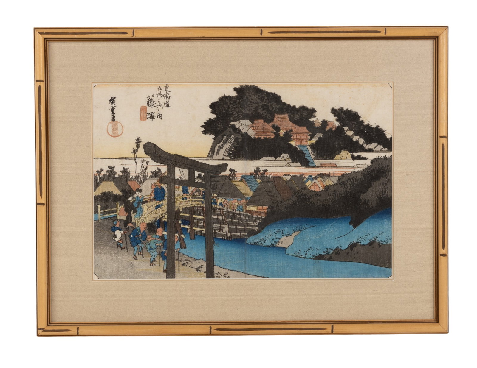 Hiroshige, 53 Stations of Tokaido Woodblock Print: Utagawa Hiroshige (JP 1797-1858) Japanese woodblock print titled "Fujisawa: The Yuyo-ji Temple" - image 7 from the "53 Stations of the Tokaido" with information plate documenting the provenance and pu