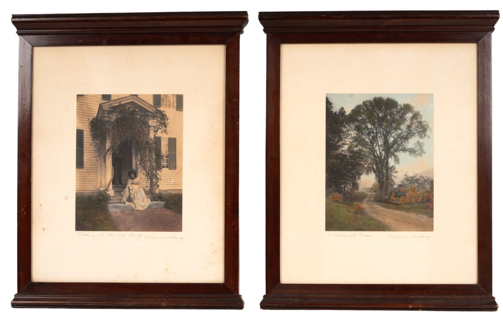 Wallace Nutting Hand Toned Photos (2): Pair of hand toned, titled, and signed photos titled "Resting at the Old Stoop" and "A Vermont Road" in matching frames. measuring approx. 15.5" W x 20.5" H OD. Some discoloration and foxing is presen