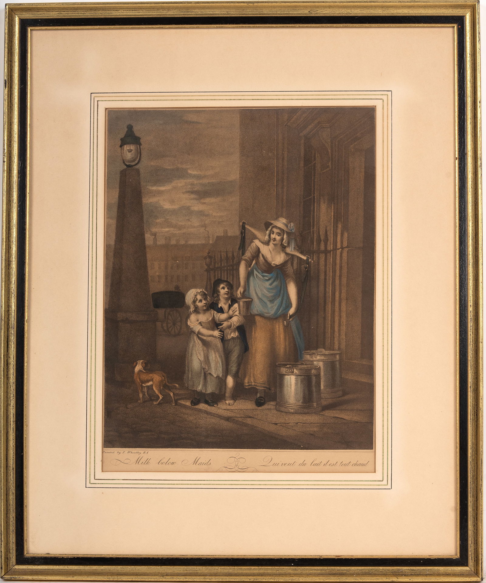 Francis Wheatley Cries of London Print: Print of painting by Francis Wheatley (UK 1747-1801) from the "Cries of London" series in frame measuring approx.19" W x 24" H OD.