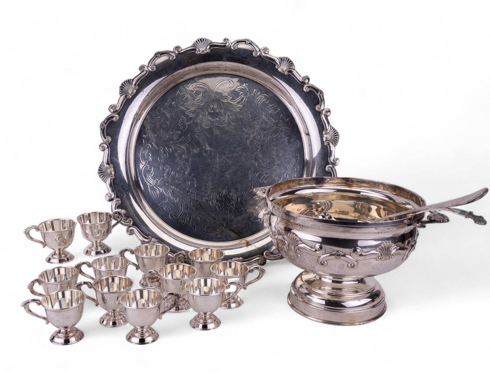 Shell Silver Plate Punch Bowl, Cups, Ladle & Tray (1 of 14)