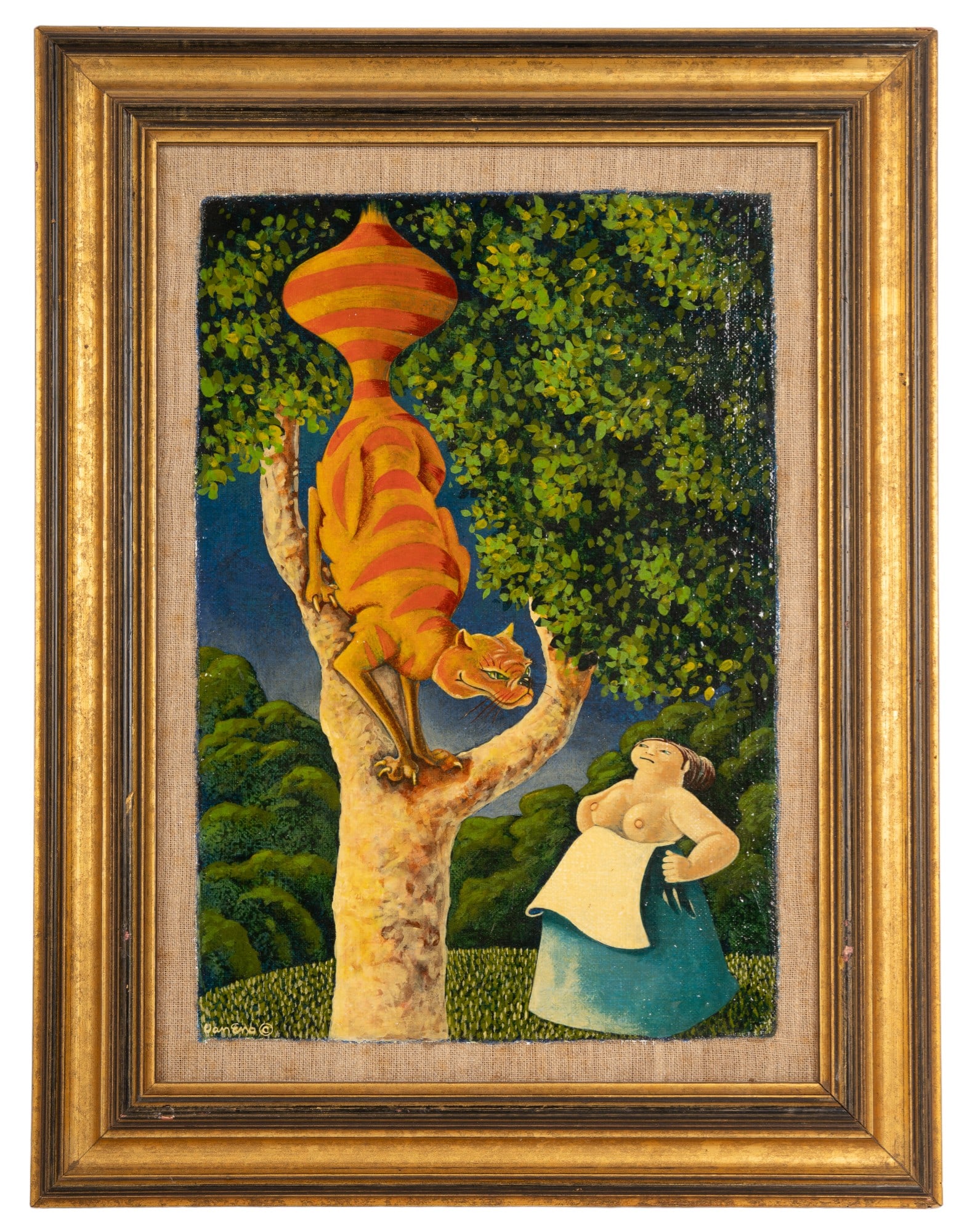 Folklore Painting by Van Eno (AM 1947-1986): Folklore/fantasy oil on canvas of stylized cat and woman in a night scene in garden by artist Van Eno (AM 1947-1986)in vintage frame (with minor wear) measuring approx. 13.25" W x 17.5" H OD.